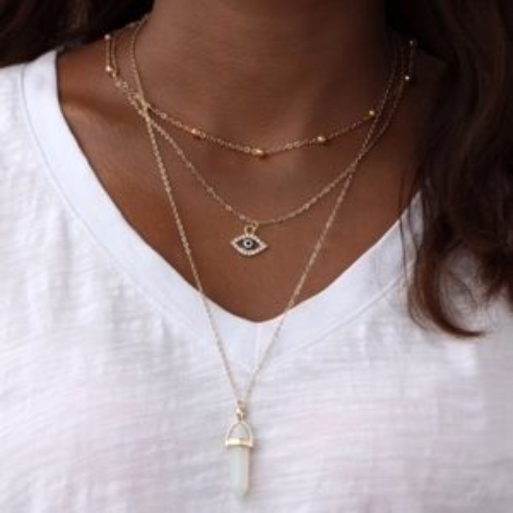 Gold Quartz And Evil Eye Necklace Choker Set - Picture 2 of 8